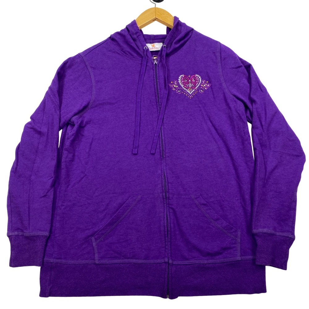 Quacker Factory Zip Hoodie Women Medium Purple Rhinestone Heart Embellished Read